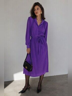 Vintage 80s 100% Silk Eaton Dress Size 7 (M) Purple Shoulder Pads Retro Midi